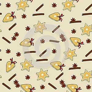 Seamless pattern of cookies heart star shape form cinnamon cardamom on brown. Hand drawn color vintag photo